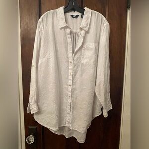 Lands' End Linen Button Down Tunic 1X White Roll Sleeve Relaxed Fit Shirt